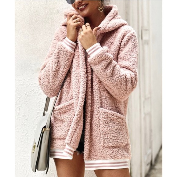 LAST ONE! Pink Stripe Hooded Sherpa Open Cardigan - Picture 2 of 5